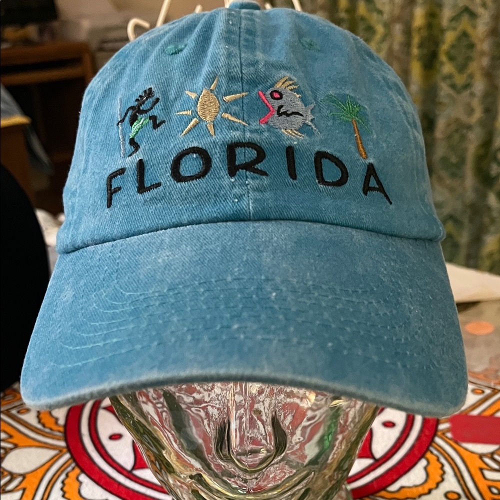 🦩10 NWOT Tropical Blue Florida Embroidered Cap w/Kokopelli-Sun-Fish-Palm Tree